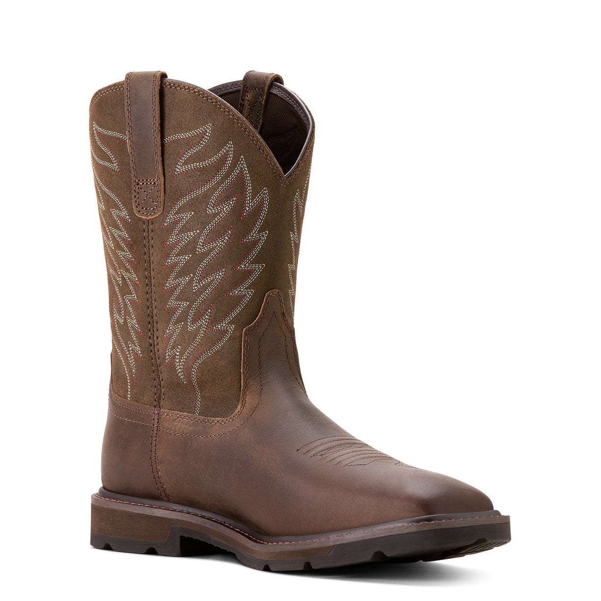 Brown cowboy boot with intricate stitching on a white background