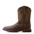 Brown cowboy boot with intricate stitching on a white background