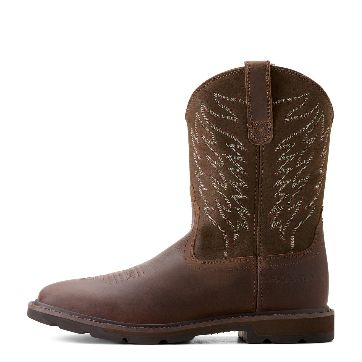 Brown cowboy boot with intricate stitching on a white background