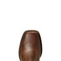 Brown leather boot toe on a white background