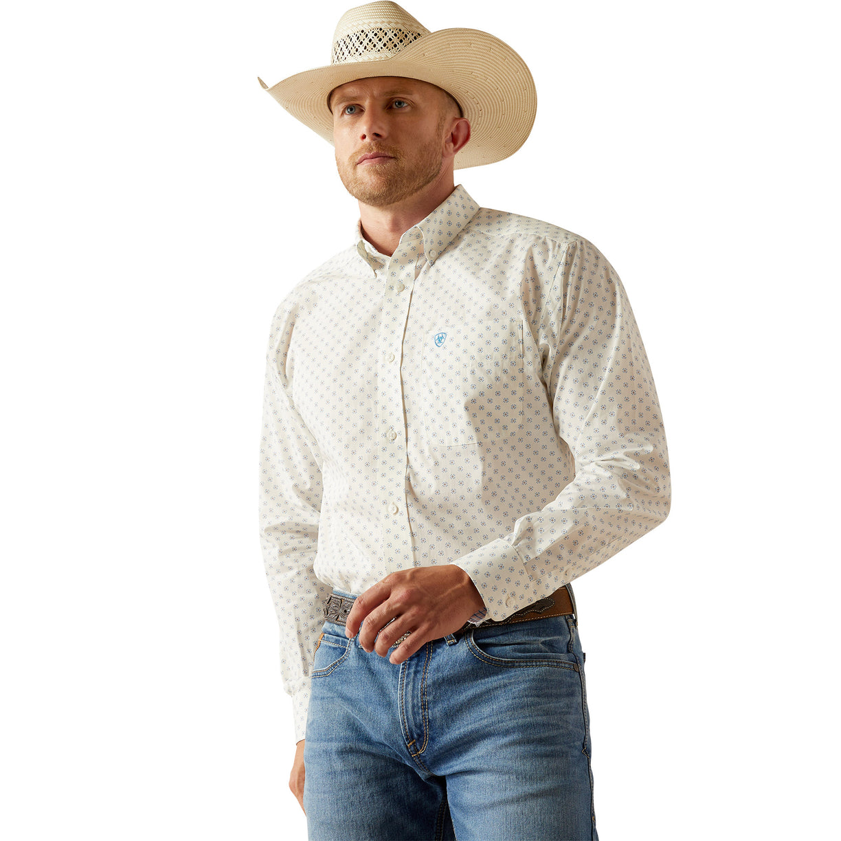 Ariat Men's Wrinkle Free Adrian Classic Fit Shirt in white and grey pattern - Front
