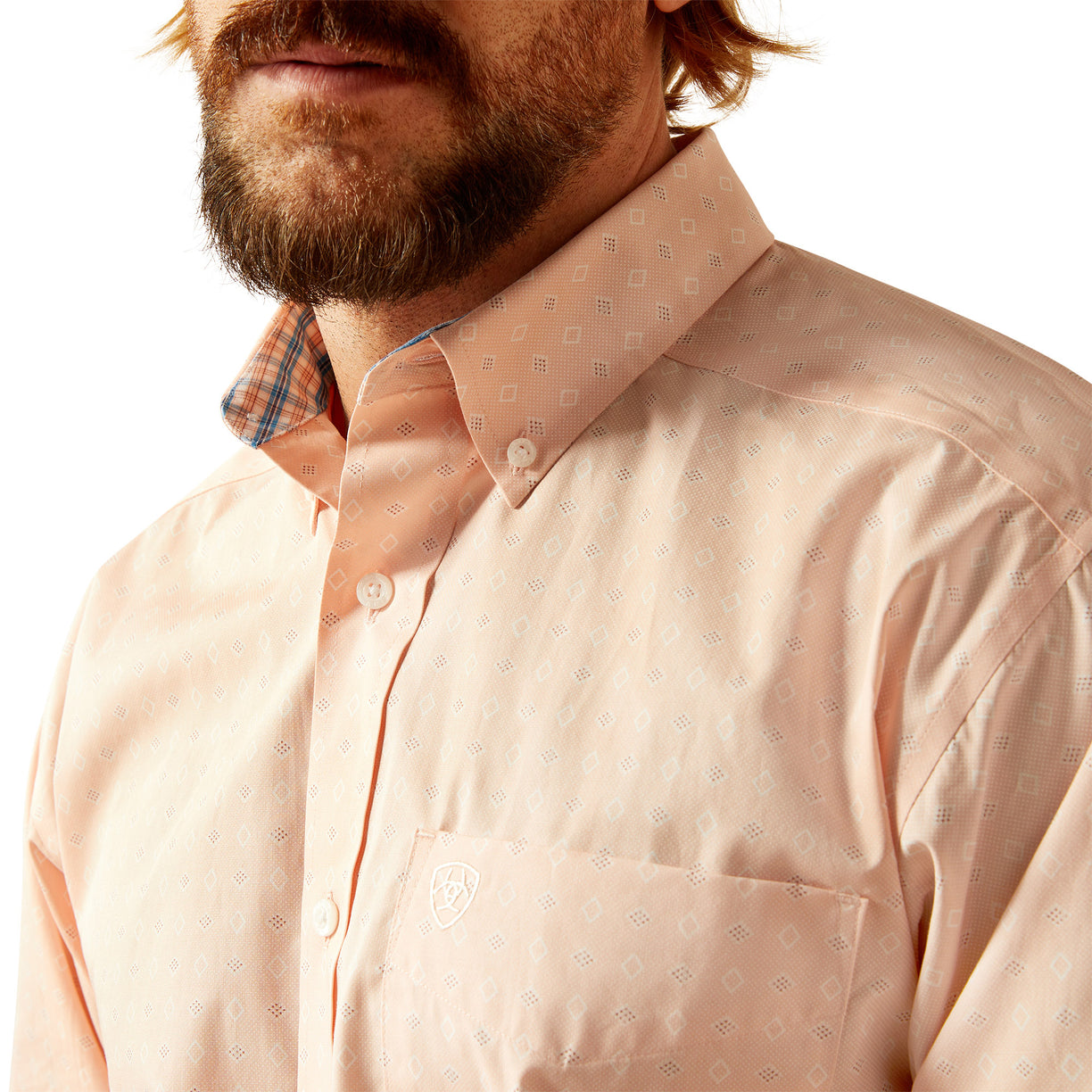 Ariat Men's Wrinkle Free Ashton Classic Fit Shirt in peach colour - Detail