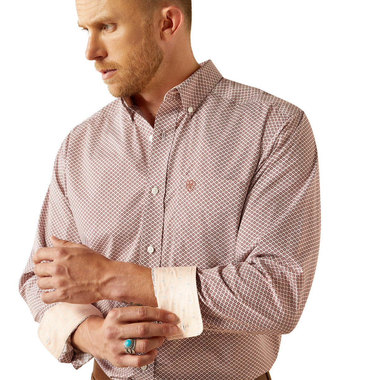 Ariat Men's Wrinkle Free Avery Classic Fit Shirt in white and red pattern - Detail