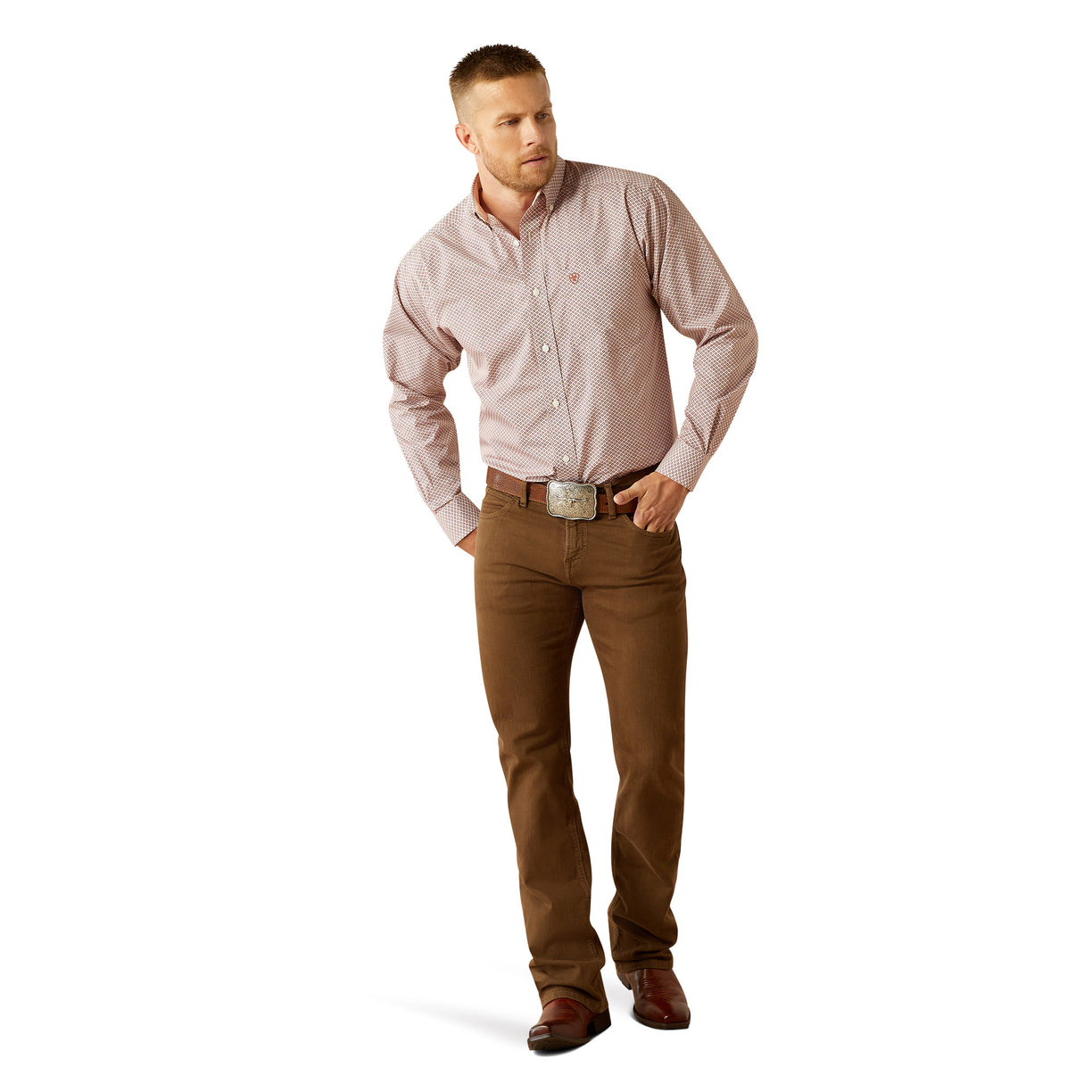 Ariat Men's Wrinkle Free Avery Classic Fit Shirt in white and red pattern - Full