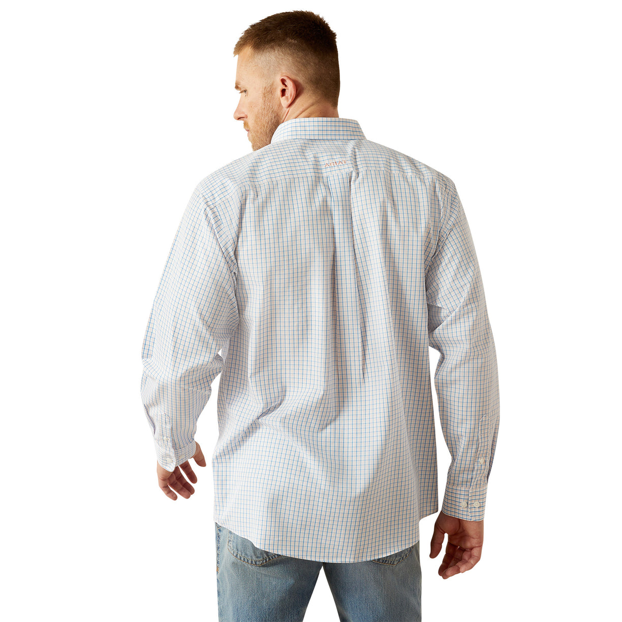 Ariat Men's Wrinkle Free Alan Classic Fit Shirt in white and blue pattern - Back