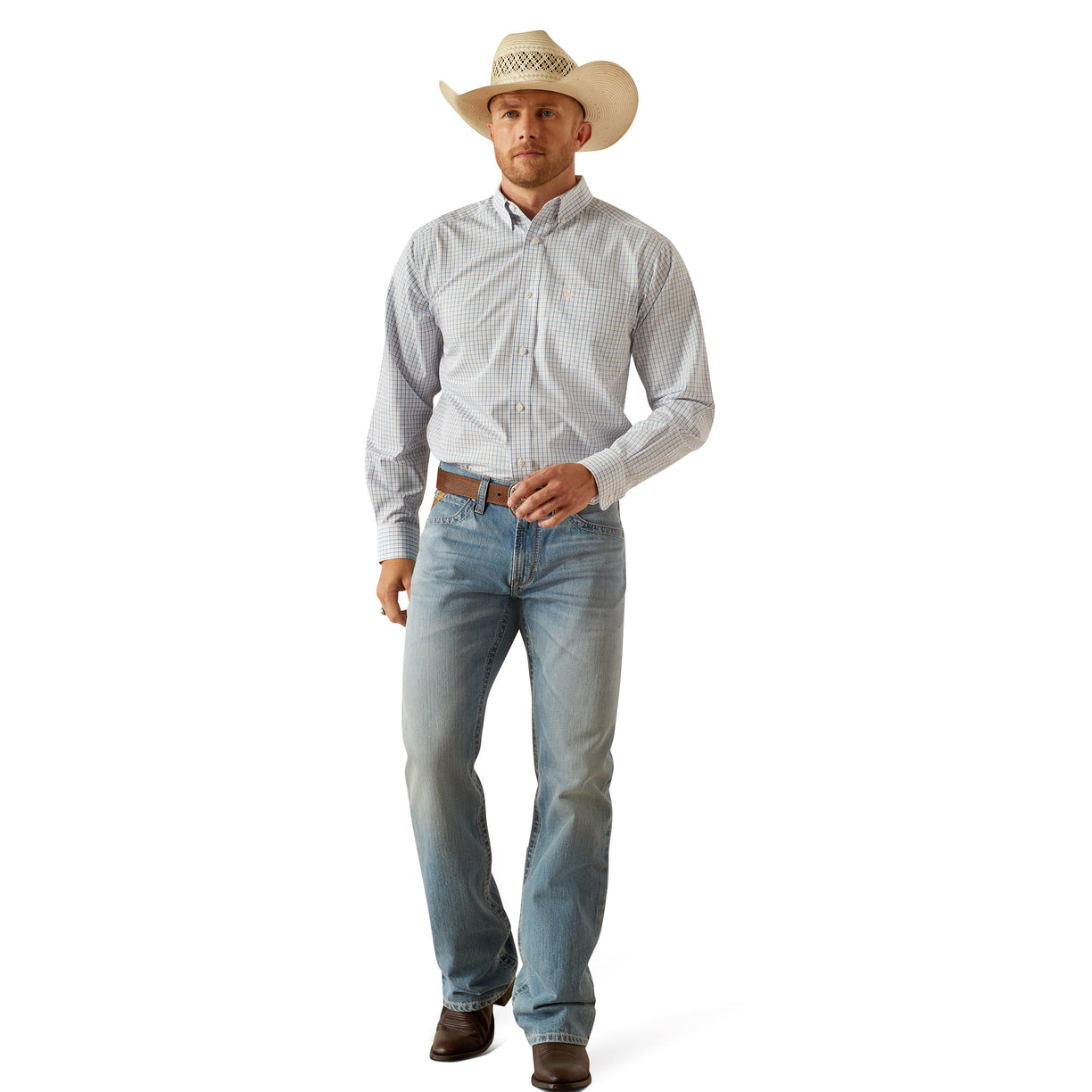 Ariat Men's Wrinkle Free Alan Classic Fit Shirt in white and blue pattern - Full