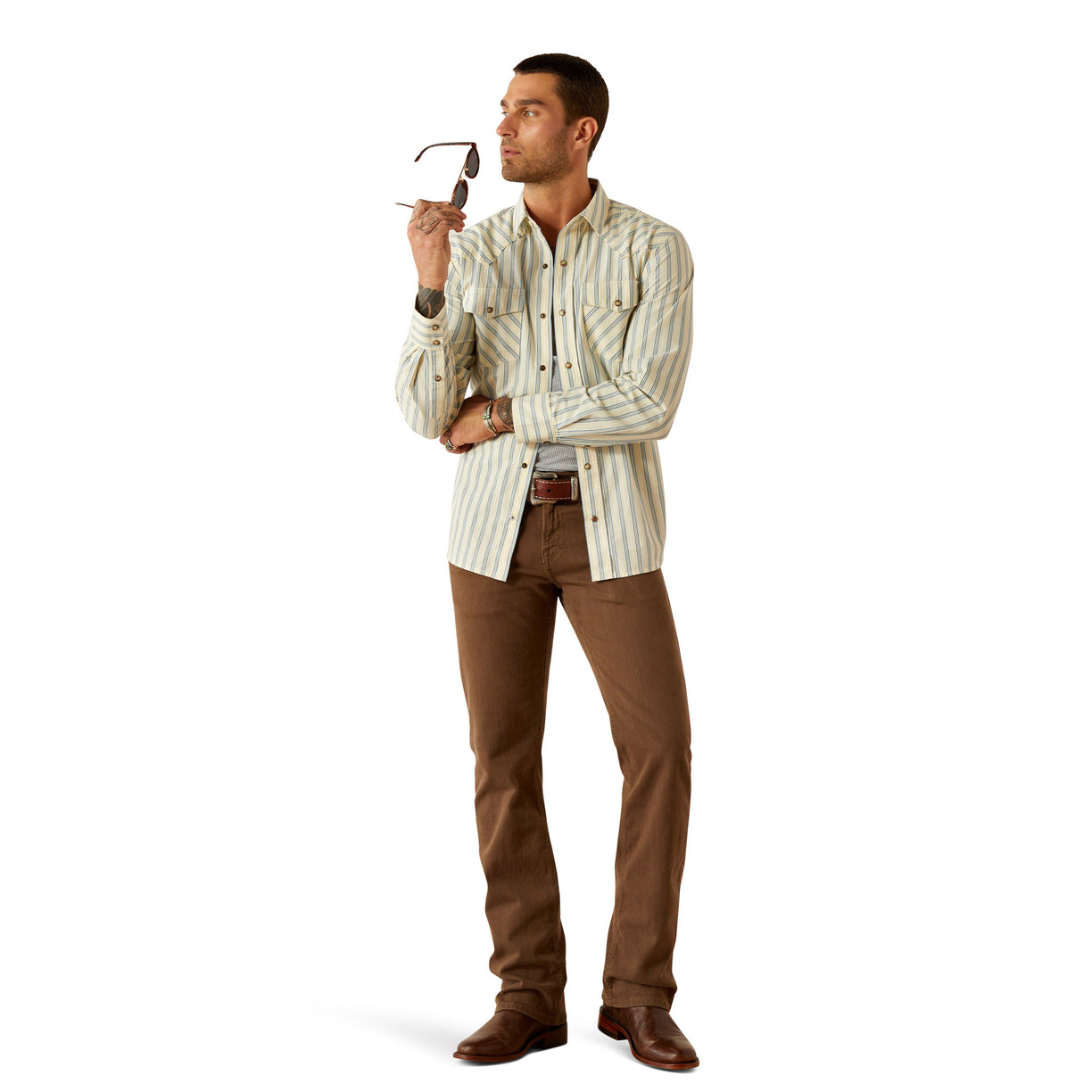 Ariat Hanford Retro Fit Shirt in beige and grey stripes - Full
