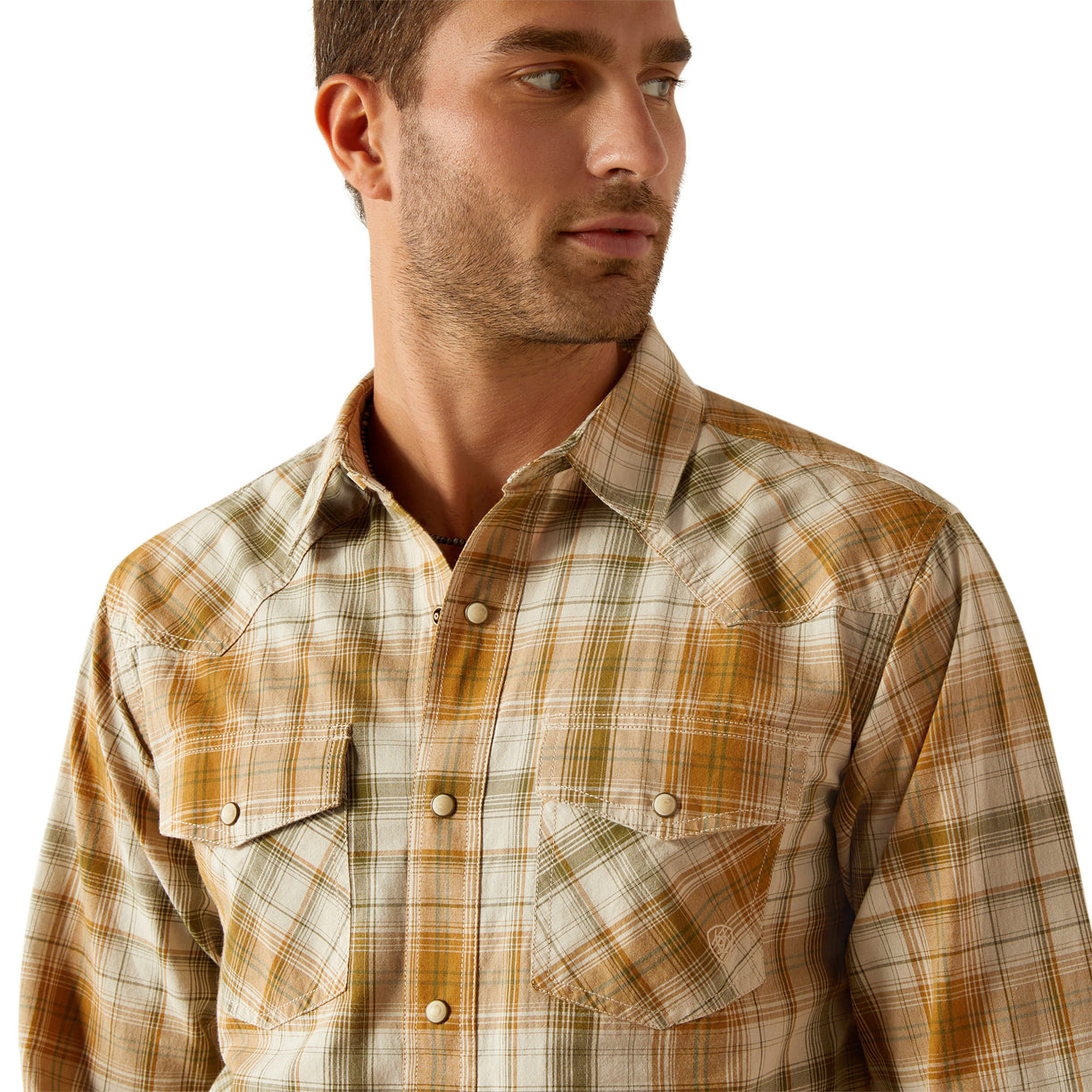 Ariat Men's Halston Retro Fit Shirt in beige and brown pattern - Detail