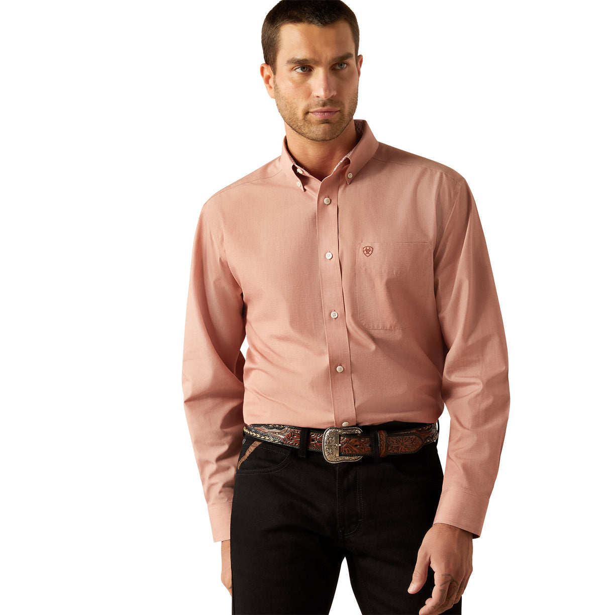 Ariat Men's Wrinkle Free Solid Classic Fit Long-Sleeved Shirt in pink - Front