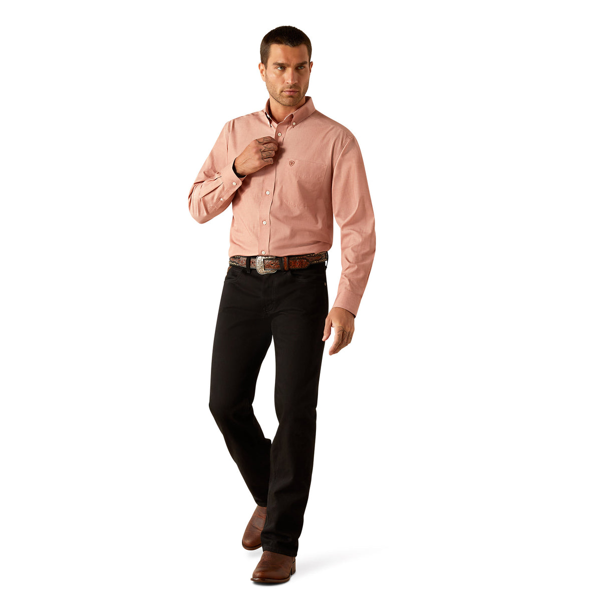 Ariat Men's Wrinkle Free Solid Classic Fit Long-Sleeved Shirt in pink - Full