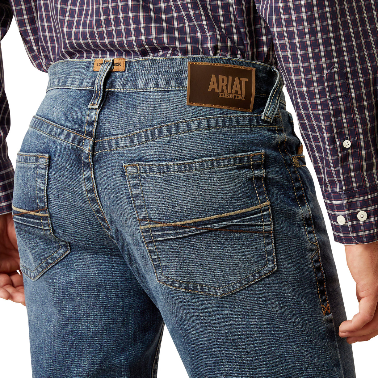 Ariat Men's M4 Relaxed Andrew Boot Cut Jeans in blue denim - Detail