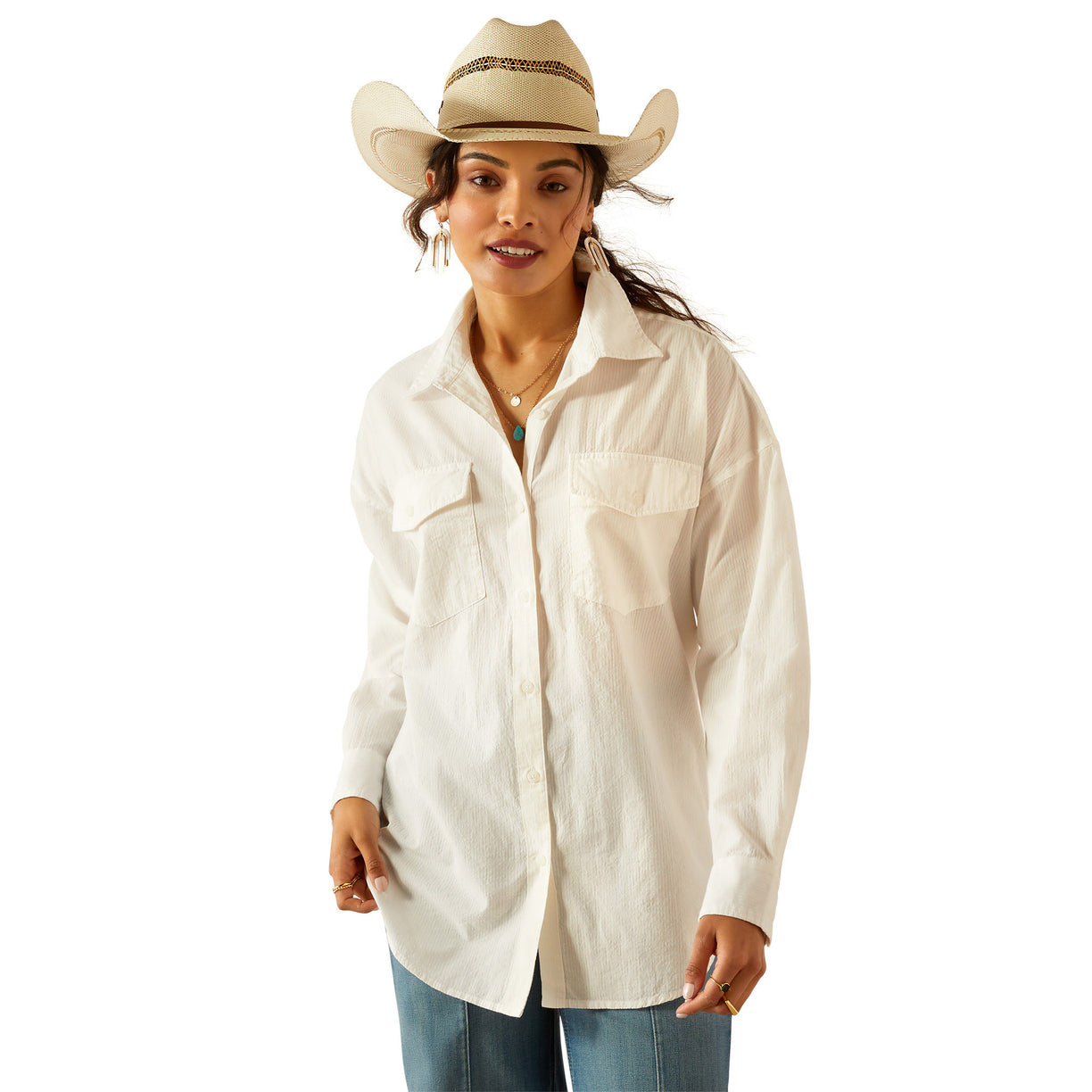 Ariat Women's Baggy Button Up Shirt in white - Front