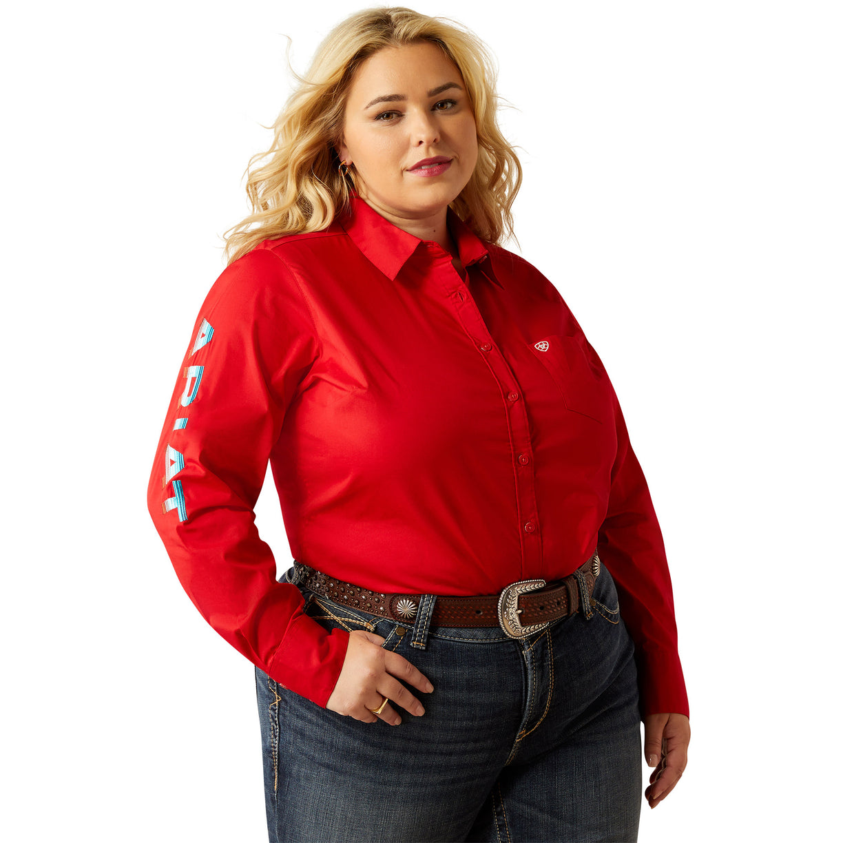 Ariat Wrinkle Resist Team Kirby Stretch Shirt - Red - front plus