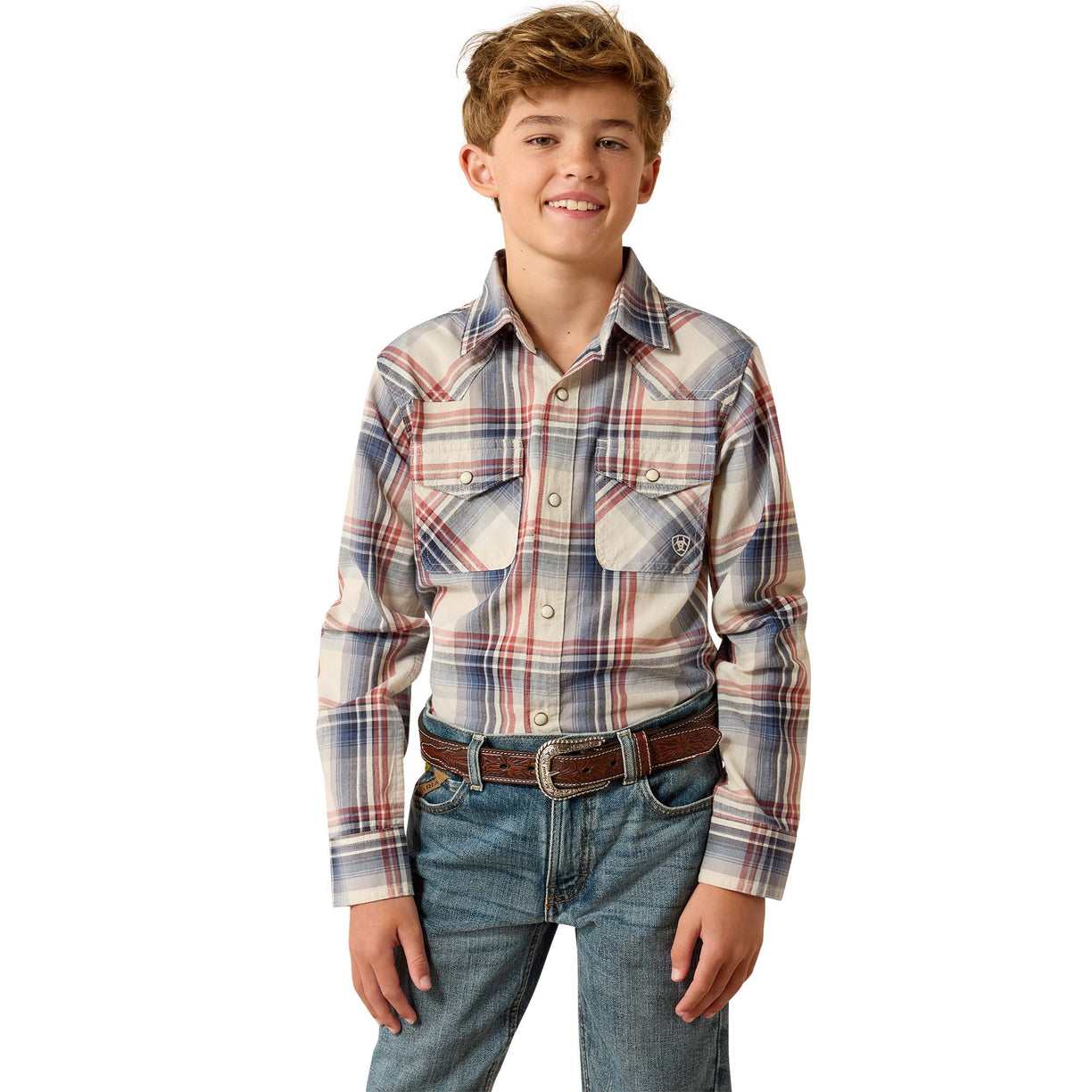 Child wearing a plaid shirt and jeans on a white background