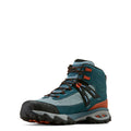 Blue hiking boot with orange accents on a white background