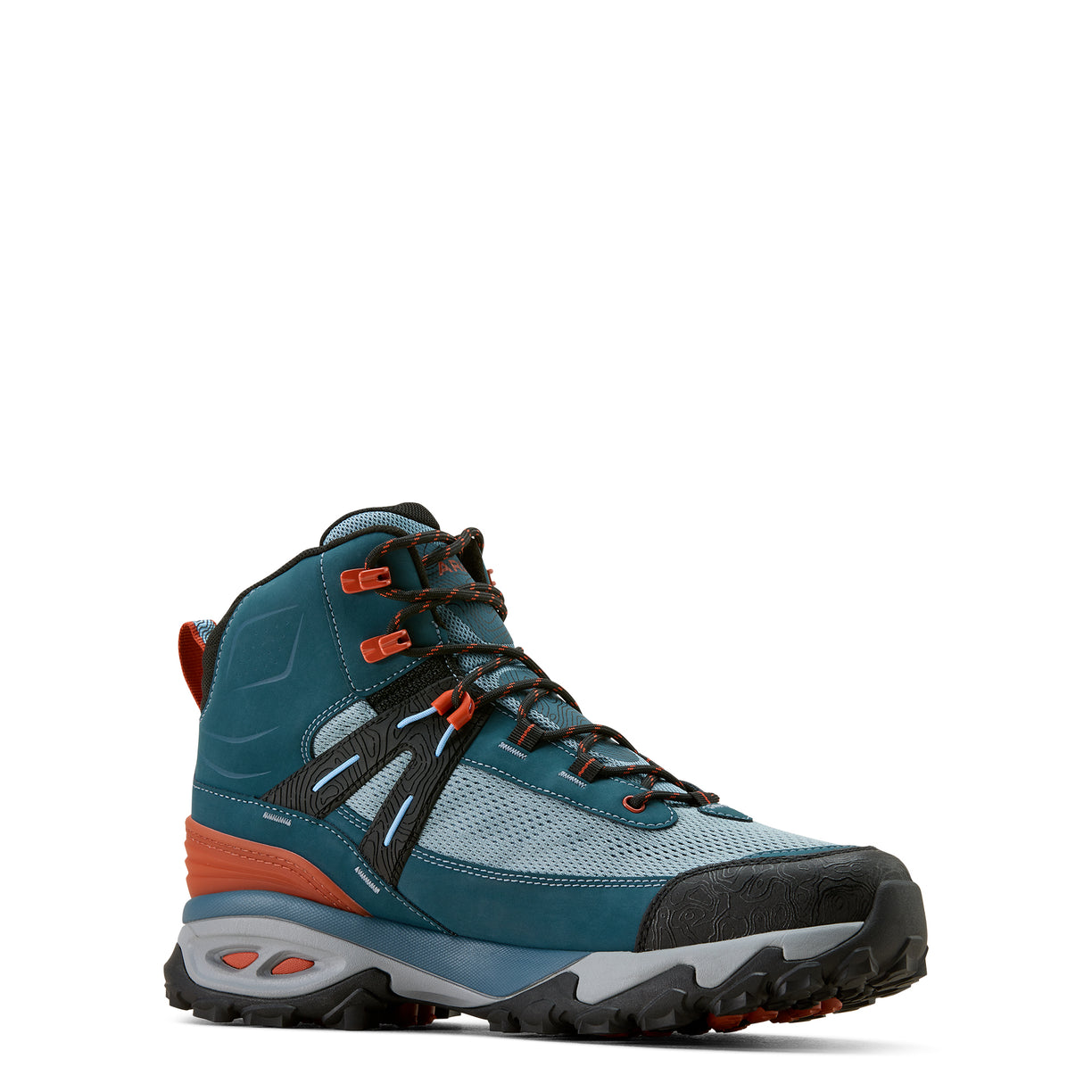 Blue hiking boot with orange accents on a white background