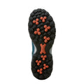 Close-up of a shoe sole with orange and black pattern on a white background
