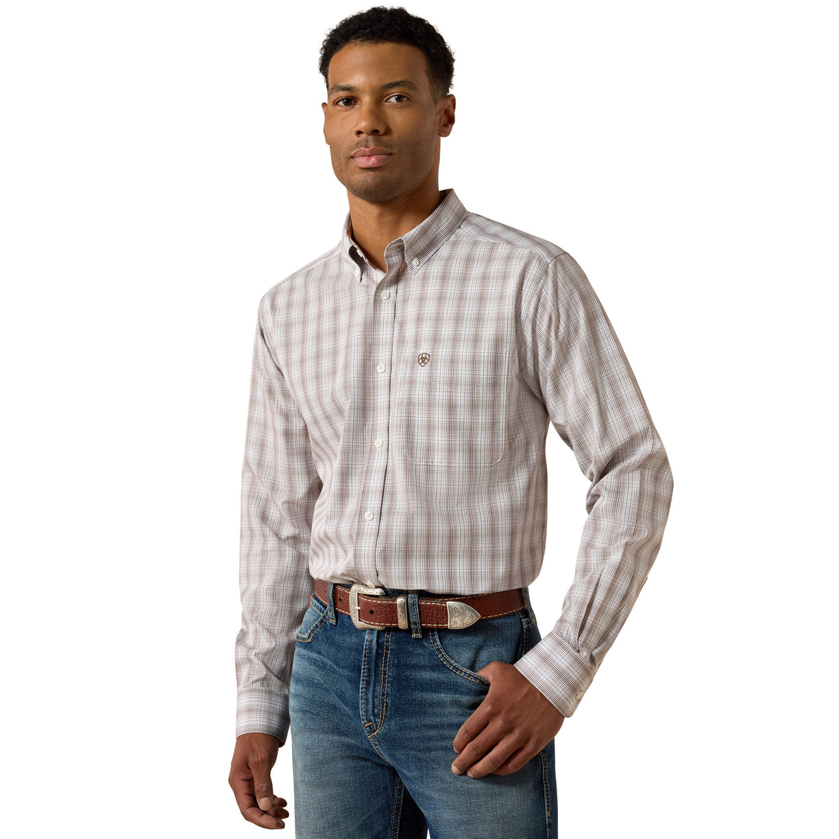 A man wearing a long-sleeve button-down shirt with a fine white and brown plaid pattern, paired with blue jeans and a brown belt, photographed against a solid white background.