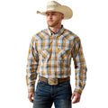 Man wearing a plaid shirt, jeans, and a cowboy hat on a white background