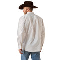 A man wearing a white long-sleeve western shirt with a small repeating brown dot pattern, shown from the back. He is also wearing a dark brown cowboy hat and blue jeans, photographed against a solid white background.