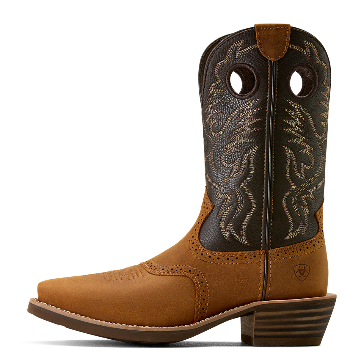 Brown cowboy boot with intricate stitching on a white background