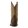 Brown cowboy boot with intricate stitching on a white background