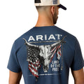 Man wearing a blue Ariat t-shirt with a graphic design on the back.