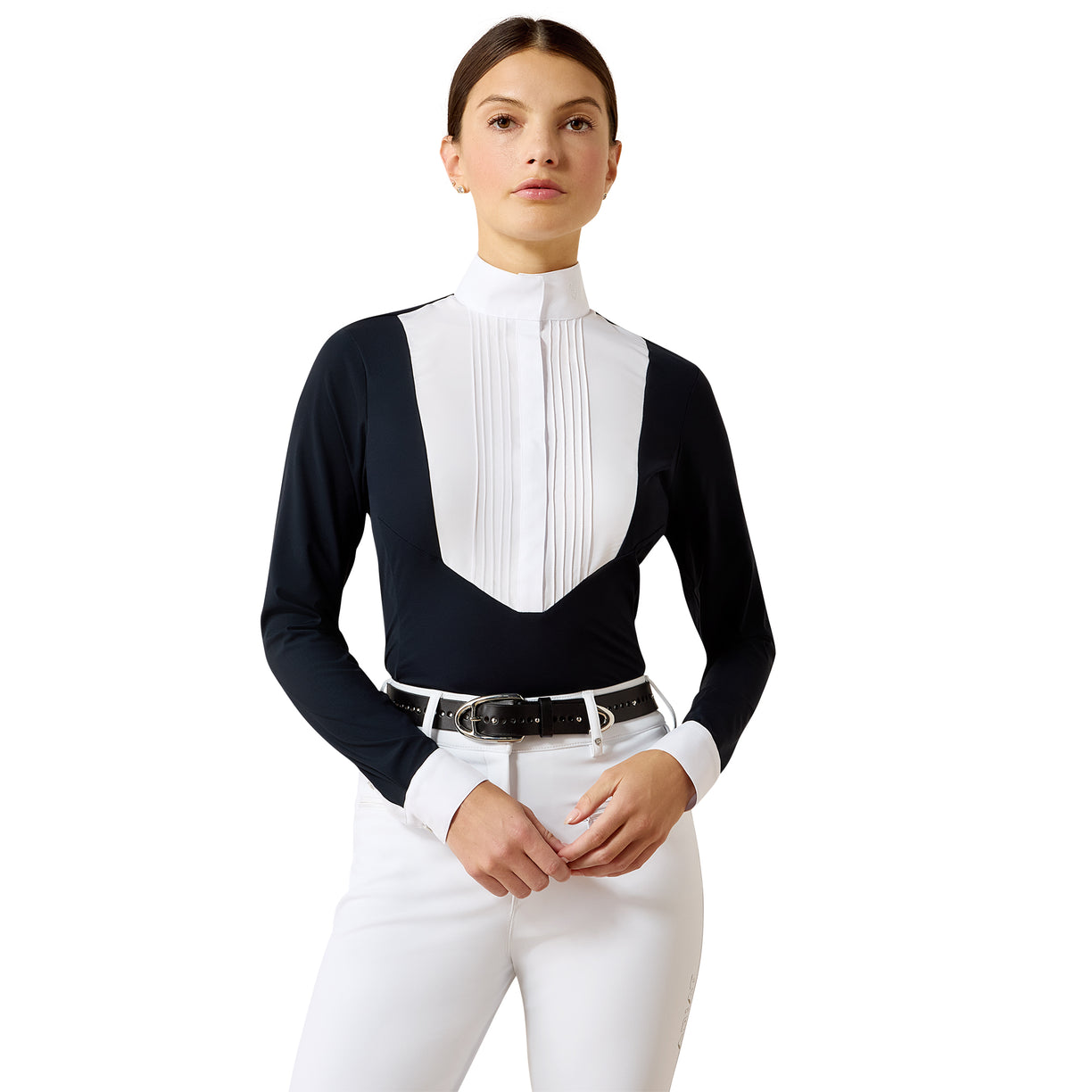 Navy long-sleeve equestrian show shirt with white pintuck bib front and mock neck, the SolVeil Show Shirt.