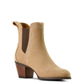 Tan ankle boot with brown heel on a white background