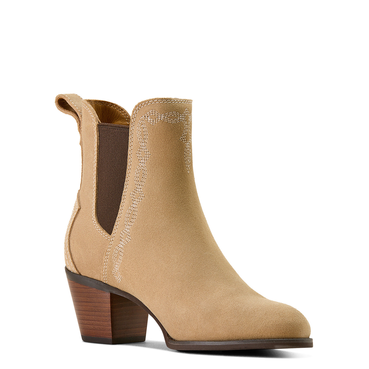Tan ankle boot with brown heel on a white background