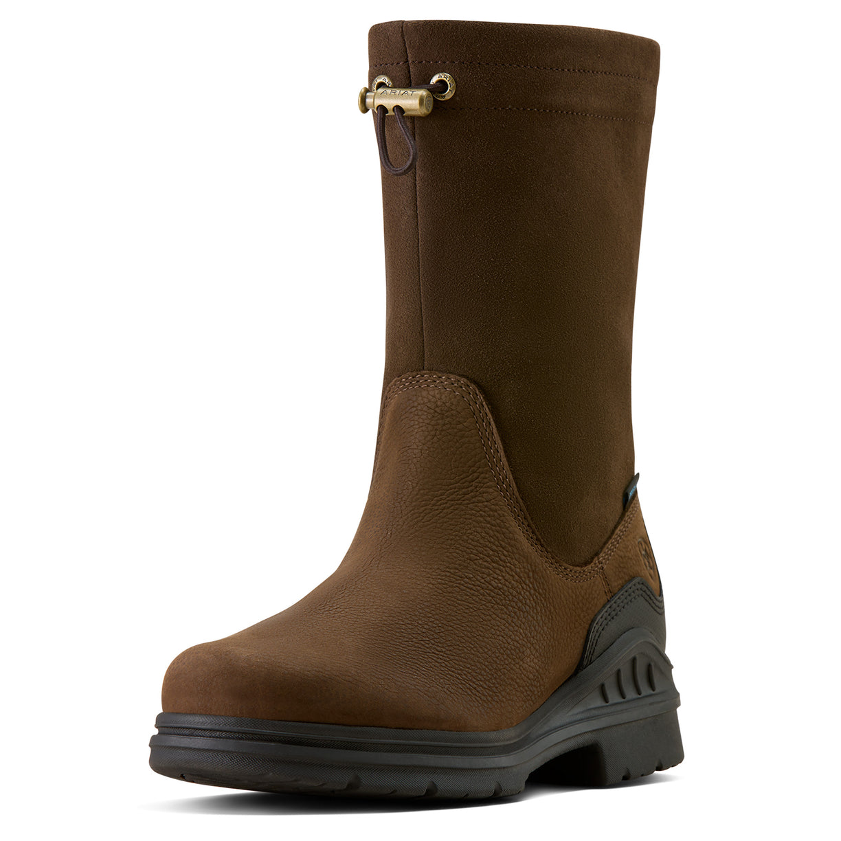 Brown boot with a gold buckle on a white background