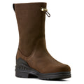 Brown boot with a black sole on a white background