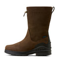 Brown boot with black sole on a white background