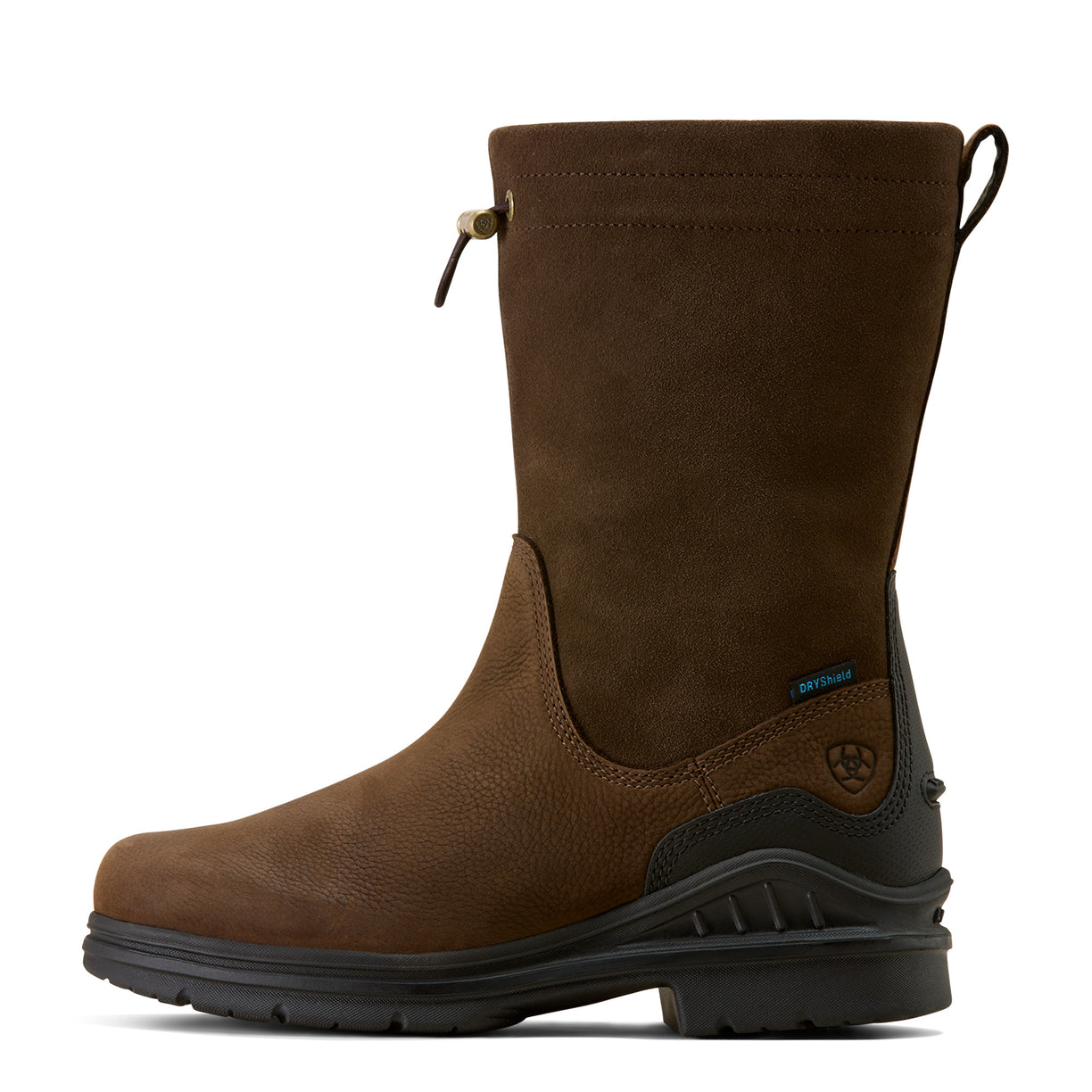 Brown boot with black sole on a white background