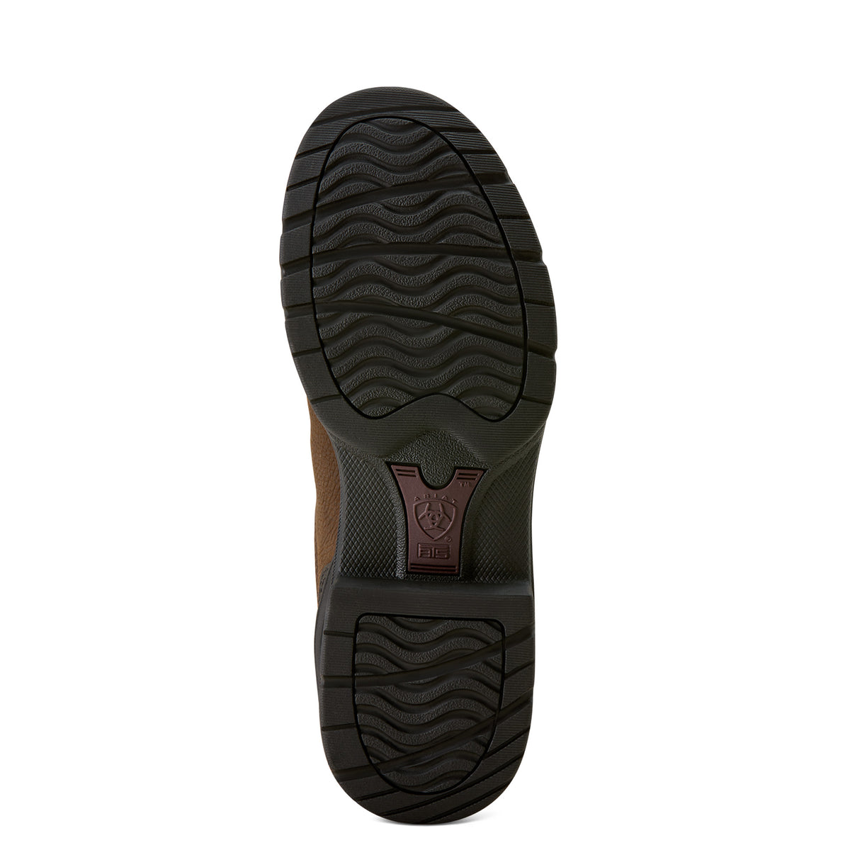 Close-up of a brown shoe sole with tread pattern on a white background