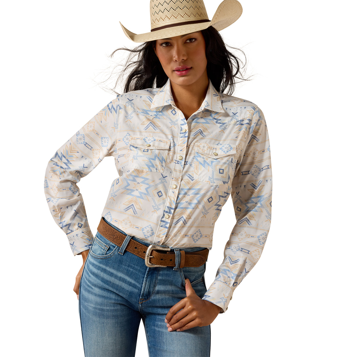 Woman wearing a patterned shirt, jeans, and a cowboy hat on a white background