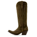 Green cowboy boot with intricate stitching on a white background