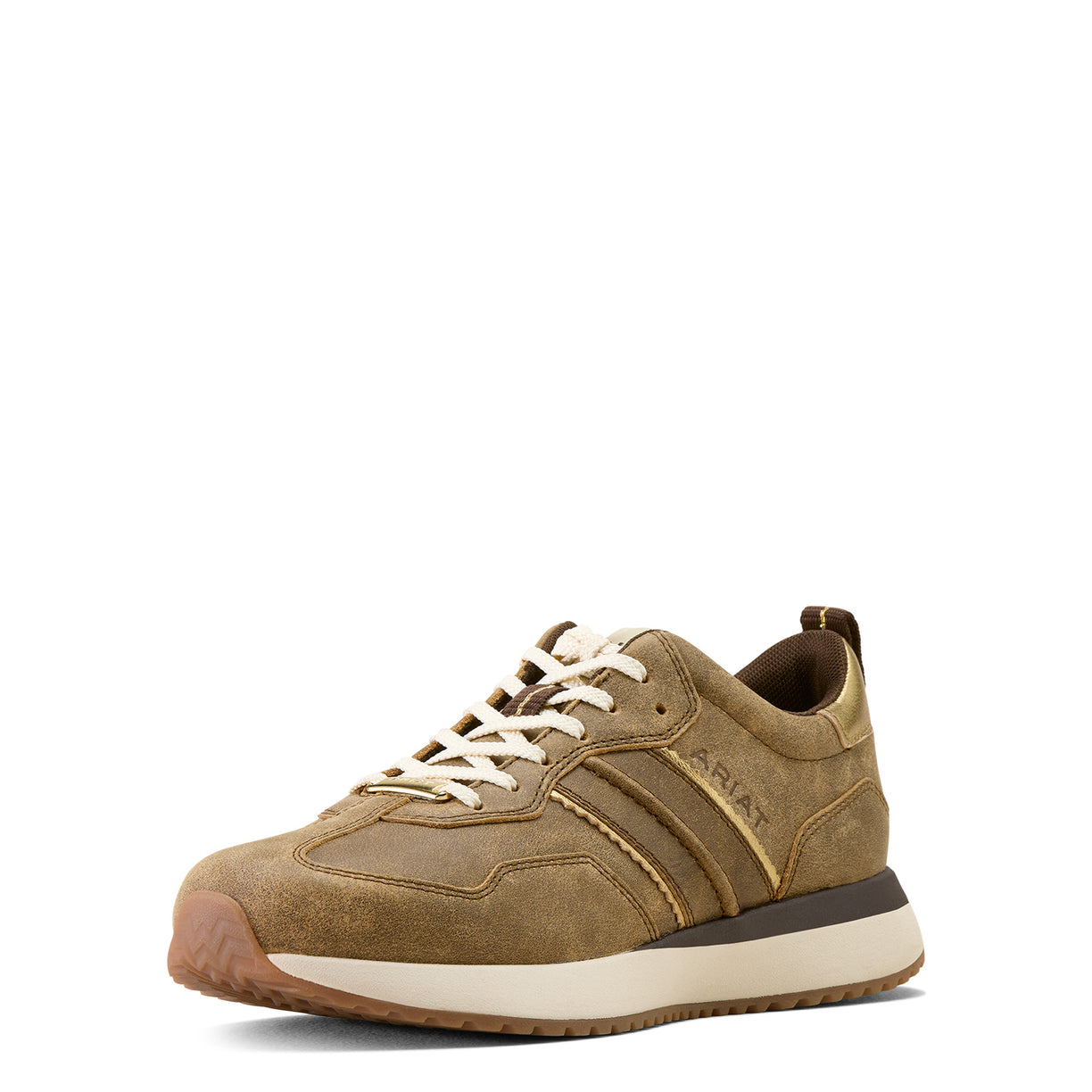 Brown sneaker with white laces on a white background