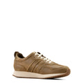 Brown sneaker with white laces on a white background