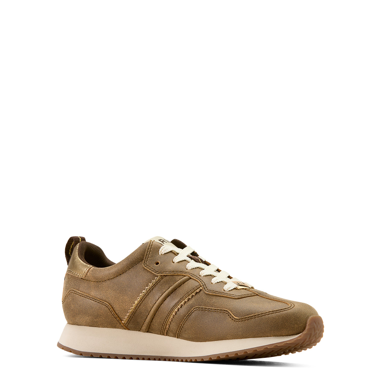 Brown sneaker with white laces on a white background