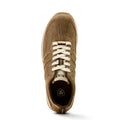 Brown leather shoe with white laces on a white background
