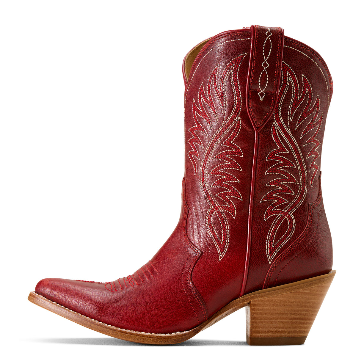 Red cowboy boot with white stitching on a white background
