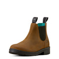elastic Brown leather Chelsea boot on a white background ariat logo work boot kids