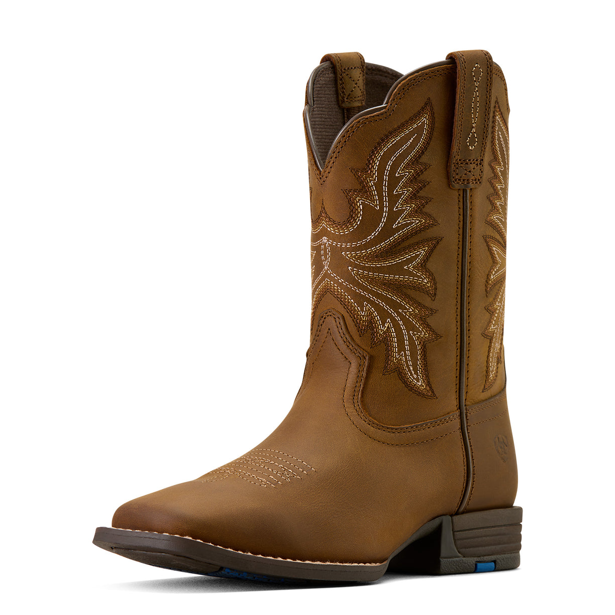 Brown cowboy boot with intricate stitching on a white background