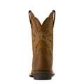 Brown cowboy boot with intricate stitching on a white background