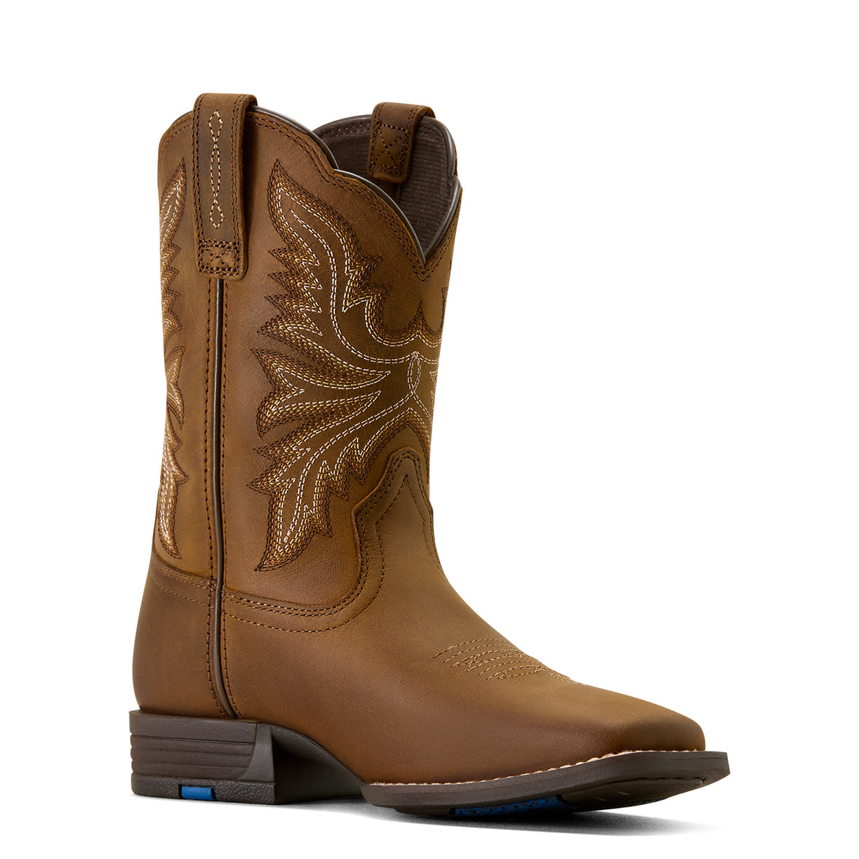 Brown cowboy boot with intricate stitching on a white background