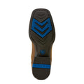 Close-up of a shoe sole with blue and black design on a white background