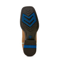 Close-up of a boot sole with blue and black design on a white background