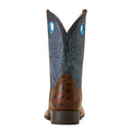 Brown cowboy boot with blue stitching on a white background