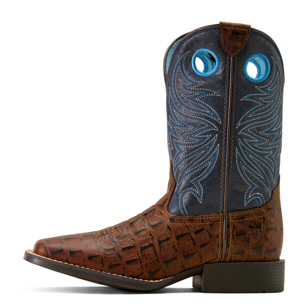 Brown cowboy boot with blue embroidered design on a white background